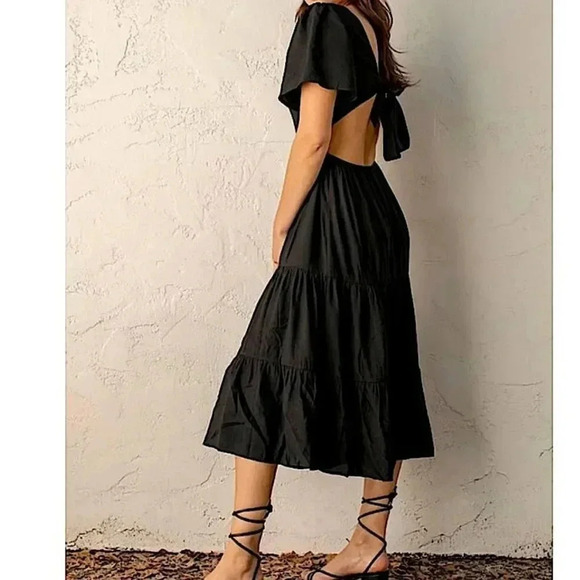 Lulu’s Midi Dress Tiered Tie Back Cut Out Cocktail Casual Wedding Party Like New - Picture 1 of 14